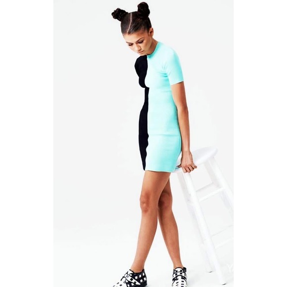 ASO‎ Zendaya T Alexander Wang Colorblock Bodycon DressBlack TealSZ S